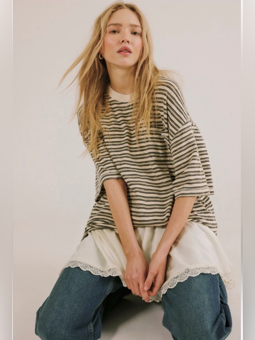 Free People We The Free All Love Striped Pocket Tee in Tea Combo Size Small NWT